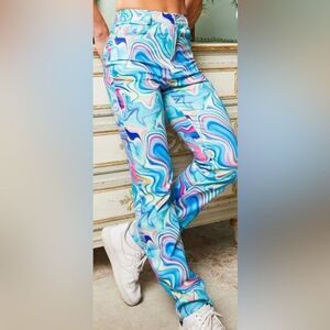 Finesse Swirl Water Marble Print Pants Blue Pink High Rise Straight Leg Size S